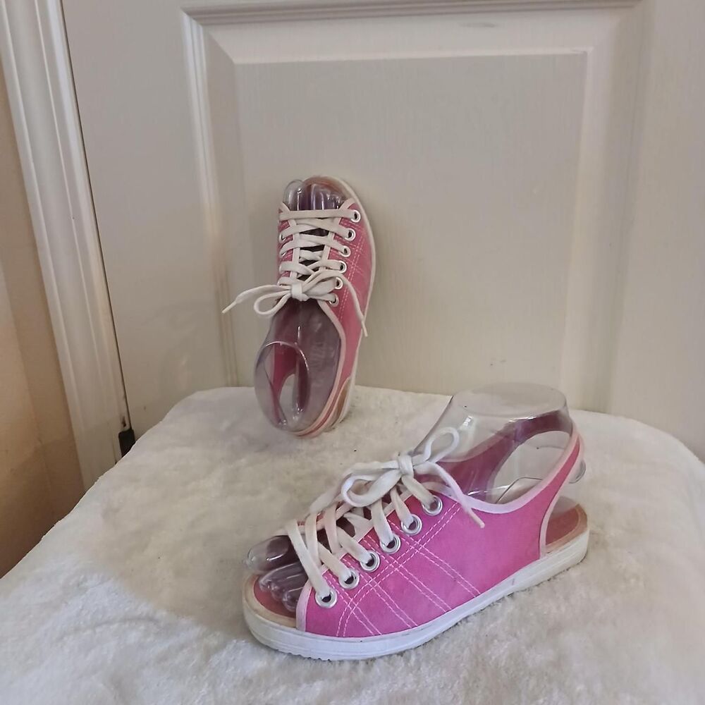 Y2K Vintage Coasters Pink & White Canvas Lace Up Slingback Sandals 5 Barbiecore
